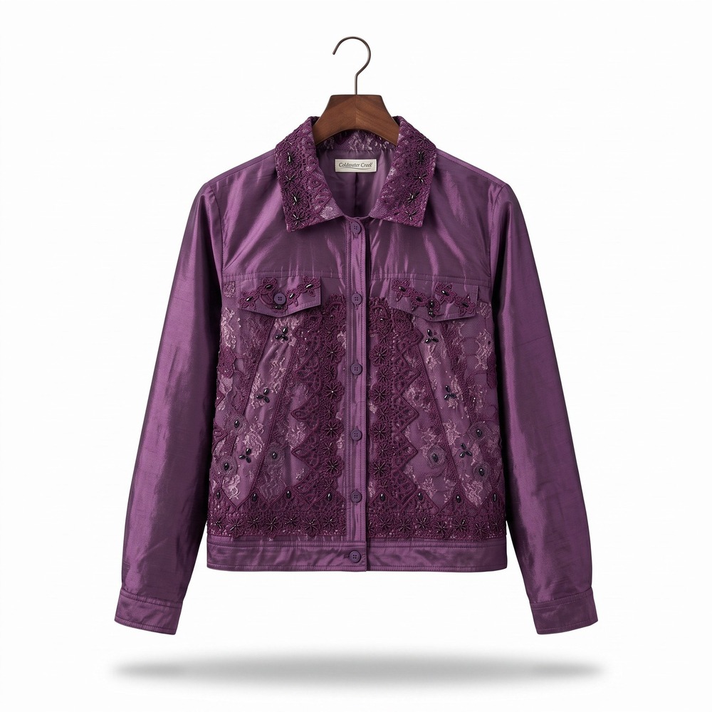 Coldwater Creek Plum Silk Blend Lace Beaded Embellished Jacket Womens L Vintage